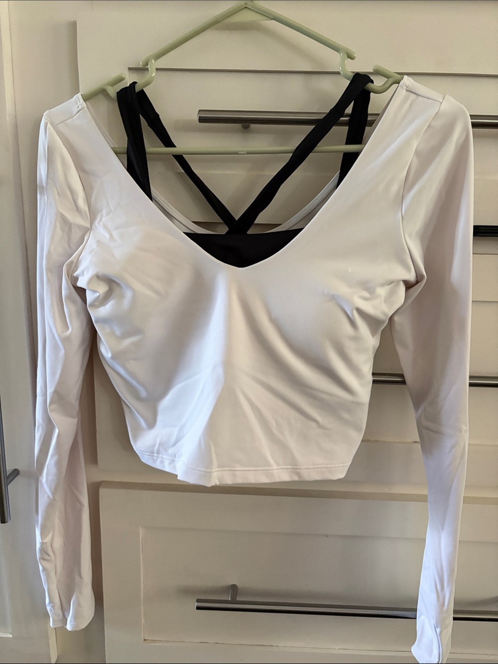 Gilly Hicks White Long-Sleeve V-Neck Crop Top with Black Strappy built-in bra